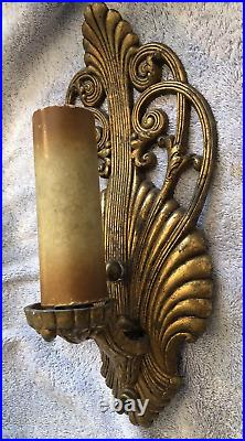 REWIRED Pair Art Deco 1930-40s Electric Wall Sconces Gold Seashell SHELL Ornate