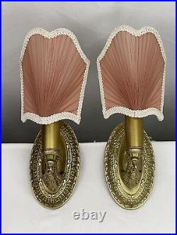 REWIRED Pair Brass Antique Vtg Art Deco Victorian Wall Sconces Pink Lamp Shades