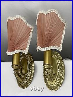 REWIRED Pair Brass Antique Vtg Art Deco Victorian Wall Sconces Pink Lamp Shades