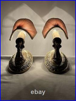 REWIRED Pair Brass Antique Vtg Art Deco Victorian Wall Sconces Pink Lamp Shades