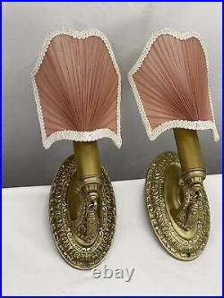 REWIRED Pair Brass Antique Vtg Art Deco Victorian Wall Sconces Pink Lamp Shades