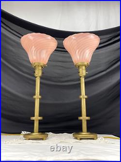 REWIRED Vtg Pair Art Deco Bedside Boudoir Table Lamps Pink Swirl Glass Hollywood