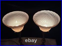 REWIRED Vtg Pair Art Deco Bedside Boudoir Table Lamps Pink Swirl Glass Hollywood