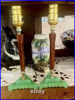 Rare 1930 Houze Art Deco Chocolate Bakelite Green Jadeite Base Boudoir Lamps