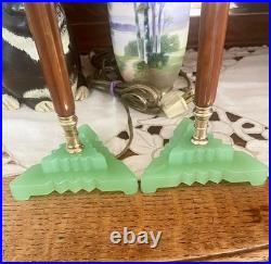 Rare 1930 Houze Art Deco Chocolate Bakelite Green Jadeite Base Boudoir Lamps