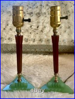 Rare 1930 Houze Art Deco Chocolate Bakelite Green Jadeite Base Boudoir Lamps