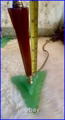 Rare 1930 Houze Art Deco Chocolate Bakelite Green Jadeite Base Boudoir Lamps