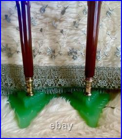 Rare 1930 Houze Art Deco Chocolate Bakelite Green Jadeite Base Boudoir Lamps