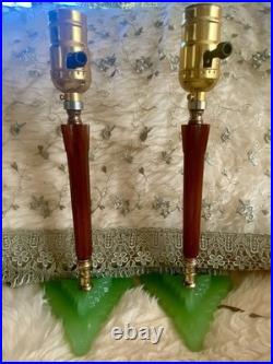 Rare 1930 Houze Art Deco Chocolate Bakelite Green Jadeite Base Boudoir Lamps