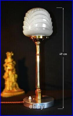 Rare 1930s tall art deco Brass, Aluminium, moulded Opaline milk glass desk lamp