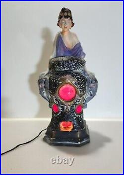 Rare Antique 1920s Chalkware Art Deco Lady With Elephants Lamp Incense Burner