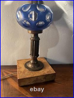 Rare Antique Art Deco Blue Czech Cut Bubble Glass Brass & Wood MCM Electric Oil