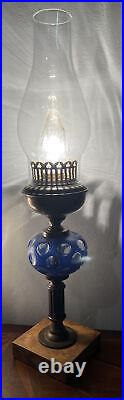Rare Antique Art Deco Blue Czech Cut Bubble Glass Brass & Wood MCM Electric Oil
