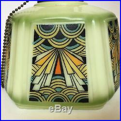 Rare Antique Art Deco Custard Vaseline Glass Shade Polychrome Decal Pendant Lamp