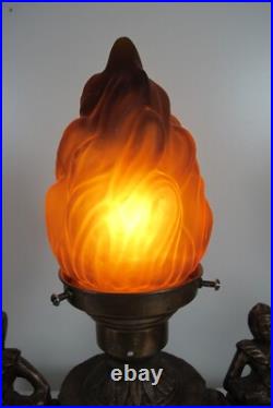 Rare Antique Art Deco Dark Satin Amber Torch Flame Shade Glass Lamp