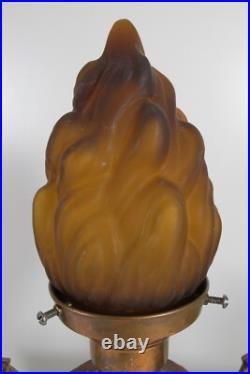 Rare Antique Art Deco Dark Satin Amber Torch Flame Shade Glass Lamp