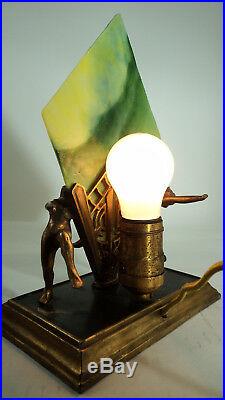 Rare Art Deco Cast Metal Figure Lamp with Stained Glass