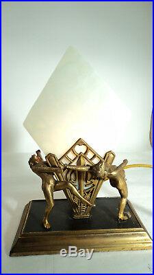 Rare Art Deco Cast Metal Figure Lamp with Stained Glass
