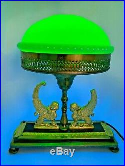Rare Art Deco Egyptian Revival Uranium/Vaseline Glass Shade & Gold Gilt Lamp
