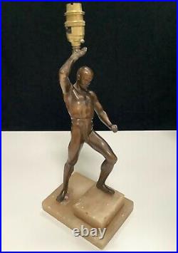 Rare Art Deco Masculine Nude Bronze Male Figure Lamp On Marble Base