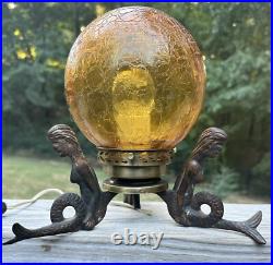 Rare Art Deco Vintage Verona Mermaid Lamp Round Yellow Glass Globe Cast Iron