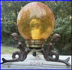 Rare Art Deco Vintage Verona Mermaid Lamp Round Yellow Glass Globe Cast Iron