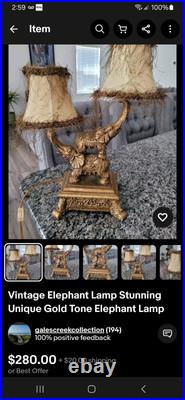 Rare Elephant Lamp Stunning Unique Vintage Gold Tone Works Great