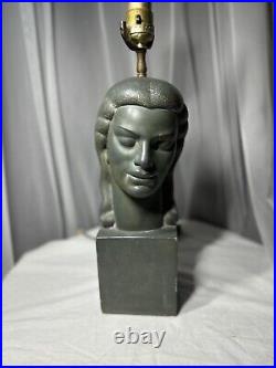 Rare Heavy Art Deco Sculpture Woman Head Figure Lamp Signed Harwil Tested