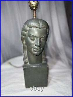 Rare Heavy Art Deco Sculpture Woman Head Figure Lamp Signed Harwil Tested