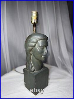 Rare Heavy Art Deco Sculpture Woman Head Figure Lamp Signed Harwil Tested