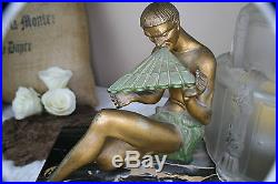 Rare Limousin signed ART Deco 1930 spelter bronze marble base lamp statue music