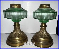 Rare Matching Pair Of English Oil Lamps Brass Uranium Green Phoenix Hinks Duplex