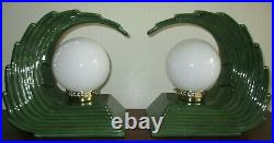 Rare Pair MCM Art Deco Avocado Green Cascading Wave Globe Table Lamps Excellent