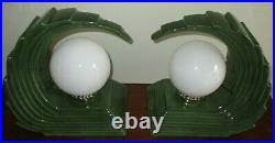 Rare Pair MCM Art Deco Avocado Green Cascading Wave Globe Table Lamps Excellent