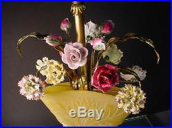 Rare Steuben Art Glass Yellow Acid Etched Boudoir Fan Lamp withBone China Flowers