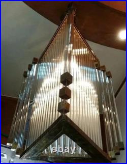 Rare Vintage Art Deco Triangle Brass Chandelier Antique Glass Rod Light Lamp