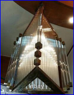 Rare Vintage Art Deco Triangle Brass Chandelier Antique Glass Rod Light Lamp
