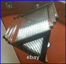 Rare Vintage Art Deco Triangle Brass Chandelier Antique Glass Rod Light Lamp