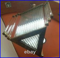 Rare Vintage Art Deco Triangle Brass Chandelier Antique Glass Rod Light Lamp