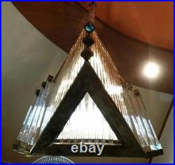Rare Vintage Art Deco Triangle Brass Chandelier Antique Glass Rod Light Lamp