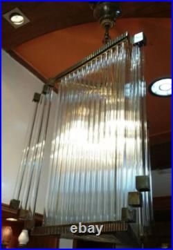 Rare Vintage Art Deco Triangle Brass Chandelier Antique Glass Rod Light Lamp