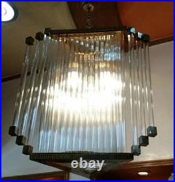 Rare Vintage Art Deco Triangle Brass Chandelier Antique Glass Rod Light Lamp