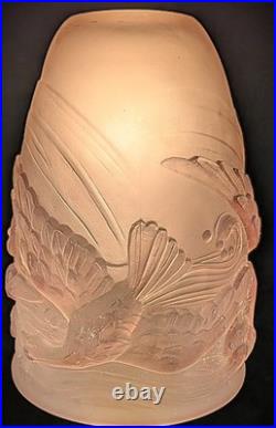Rare Vintage French Art Deco Flying Bird Pink Frosted Glass Shade by Verlys #2