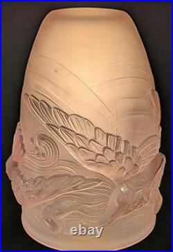 Rare Vintage French Art Deco Flying Bird Pink Frosted Glass Shade by Verlys #2