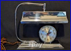 Rare! Vintage Moderne Art Deco Chrome Table Desk Lamp withSessions Clock Works