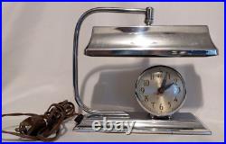 Rare! Vintage Moderne Art Deco Chrome Table Desk Lamp withSessions Clock Works