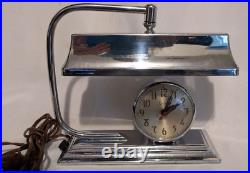 Rare! Vintage Moderne Art Deco Chrome Table Desk Lamp withSessions Clock Works