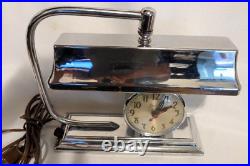 Rare! Vintage Moderne Art Deco Chrome Table Desk Lamp withSessions Clock Works