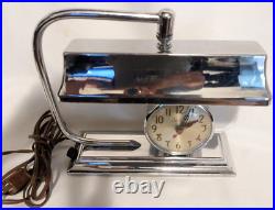 Rare! Vintage Moderne Art Deco Chrome Table Desk Lamp withSessions Clock Works
