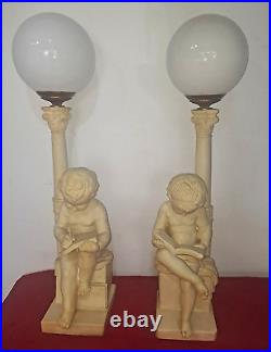 Rare Vintage Pair Alabaster Agter Antonio Canova Children Reading Writing Lamps